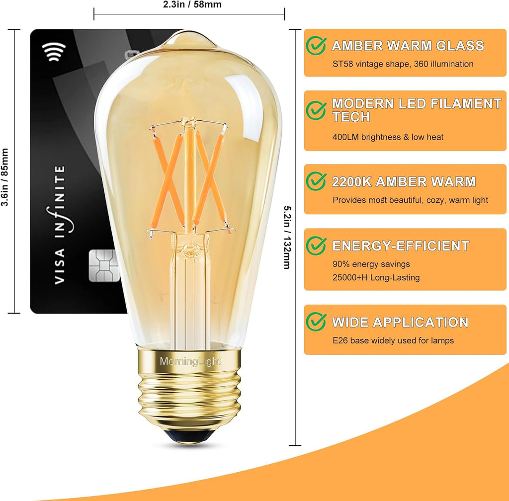 Dimmable ST58 LED Edison Bulbs 40W Equivalent, 2200K Amber Warm Light