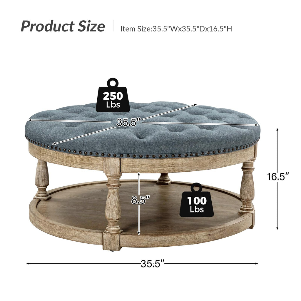 Round Ottoman Coffee Table, 2-Tier Large Button Tufted Ottoman Footrest, with Wood Shelf Storage Farmhouse