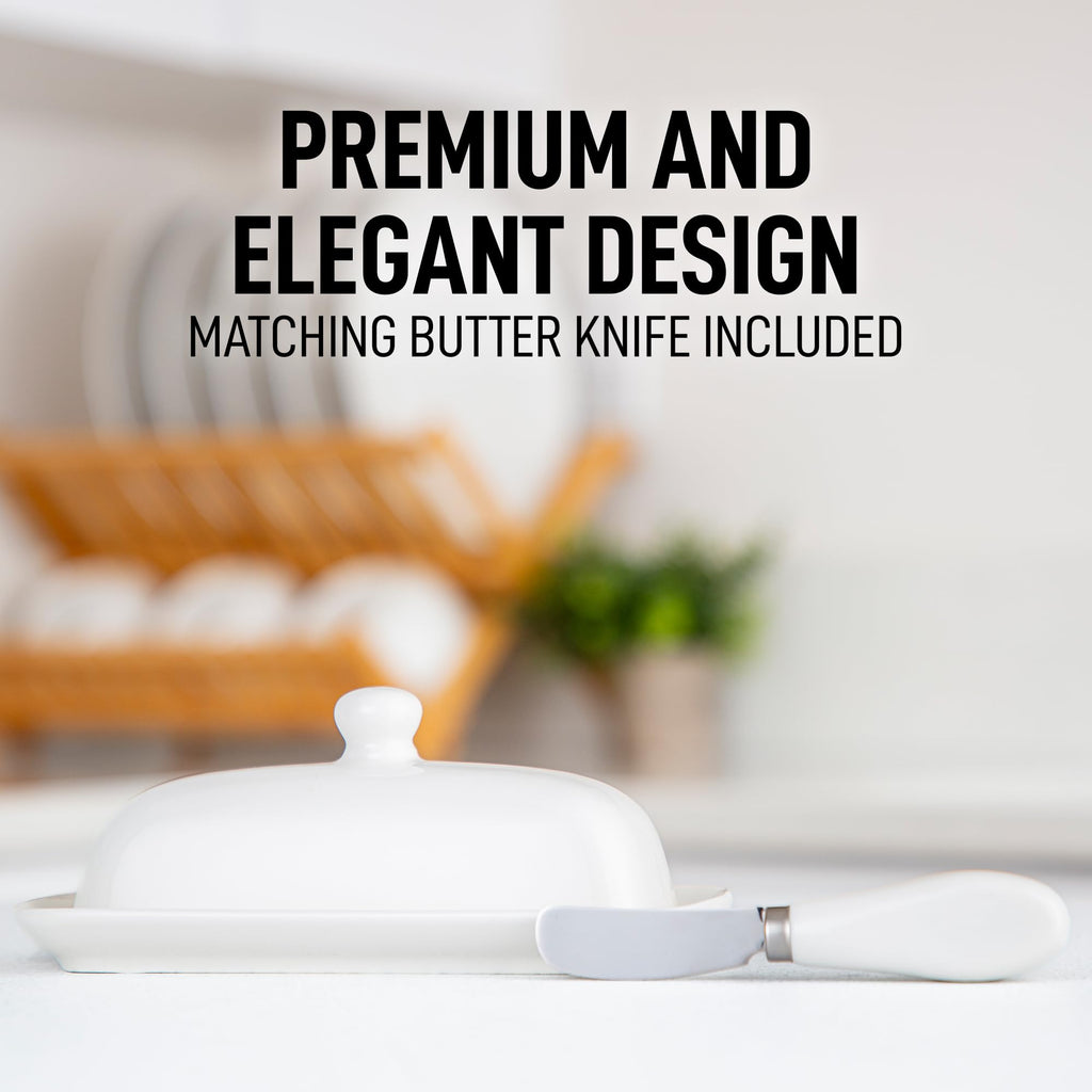 Ceramic Butter Dish with Lid For Countertop & Stainless Steel Knife - Keeps Butter Soft & Fresh - White Butter Dish