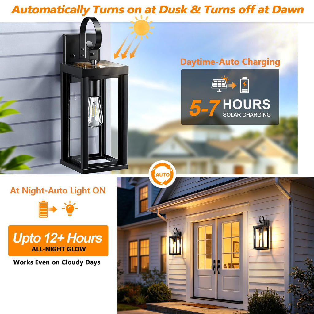 18" Large Solar Porch Lights Outdoor Wall Sconce 2-Pack, Matte Black