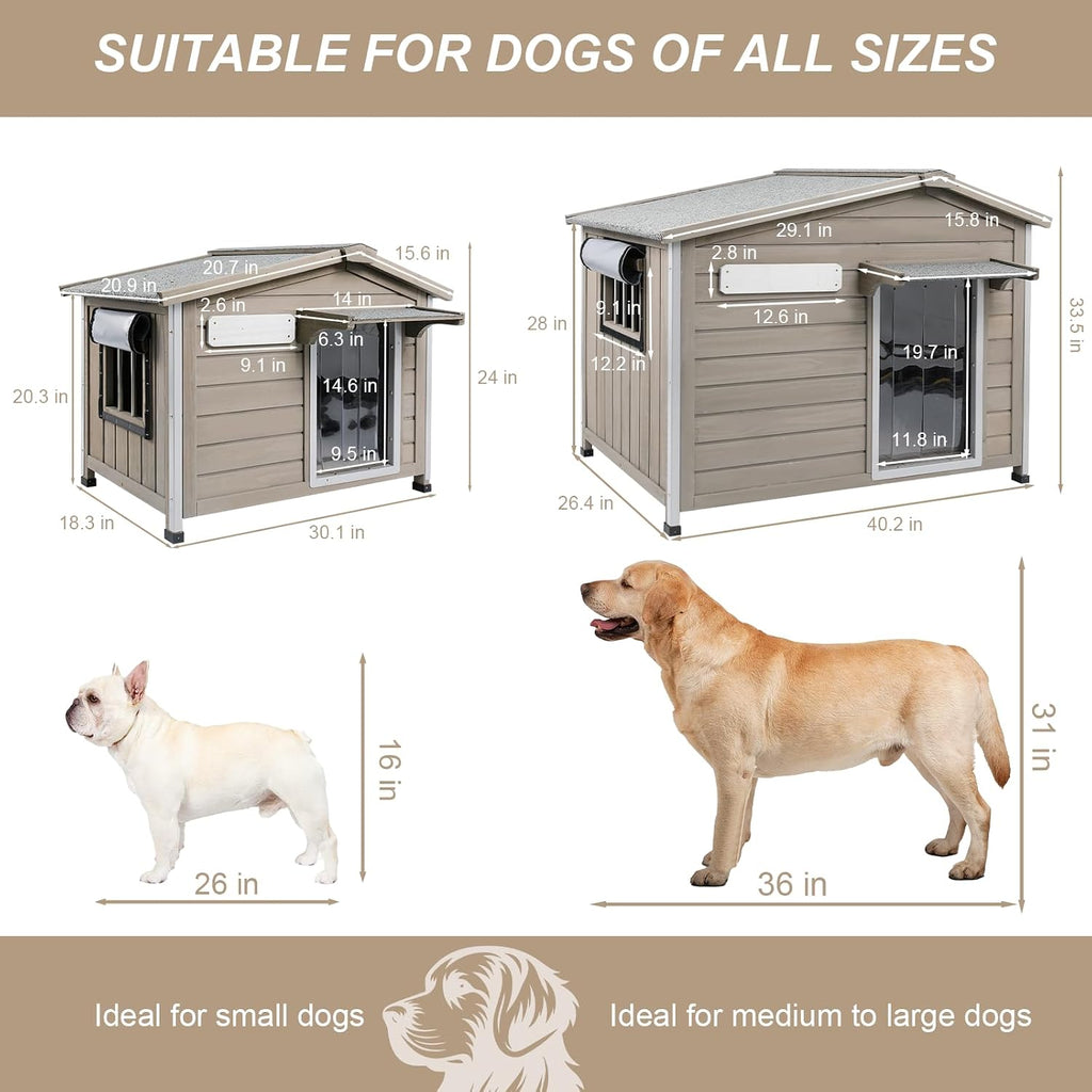 Outdoor Dog House with Chew-Proof Iron Frame, Wooden Dog Kennel Weatherproof, Removable Floor, Adjustable Vent Window