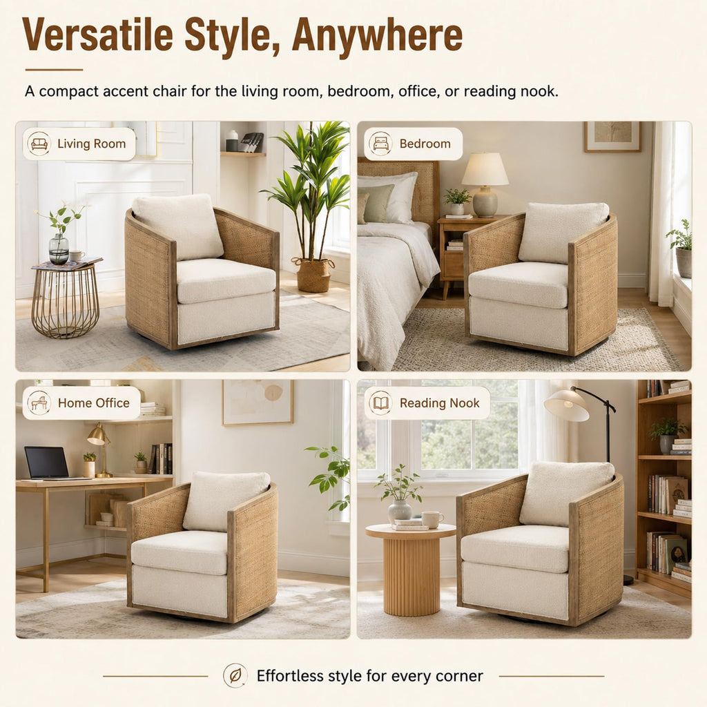Mid Century Modern Rattan Accent Chair | Solid Wood Armchair with Natural Hand-Woven Cane | Modern Corner Club Chair