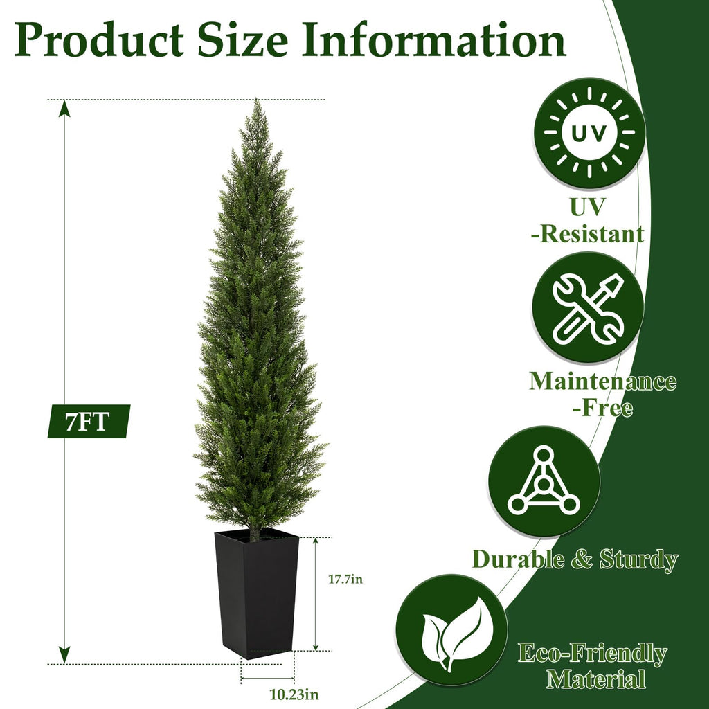 Artificial Cedar Topiary Trees with Black Pot, 7 FT UV Resistant Faux Boxwood Plants, Front Porch Decorations