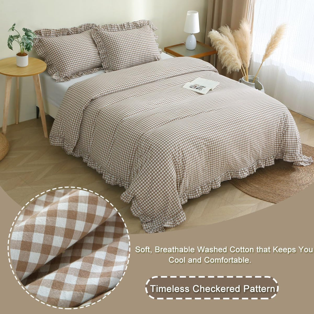 Taupe/White Plaid Ruffle Duvet Cover Queen,100% Washed Cotton 3 Pcs Vintage Checkered Chic Gingham Bedding Set