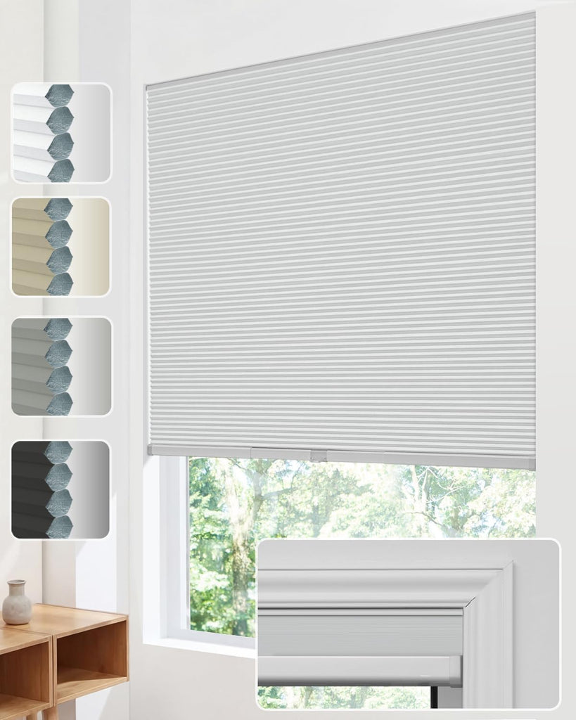 No Drill Cellular Shades, Trim-to-Fit Blackout Cordless Honeycomb Blinds | Easy Install Window Shades, Thermal