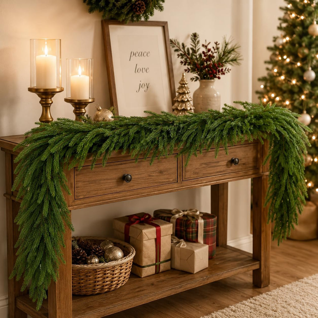 9FT Christmas Norfolk Pine Garland, Real Touch Artificial Greenery Garland, Realistic Faux Pine Garlands for Front