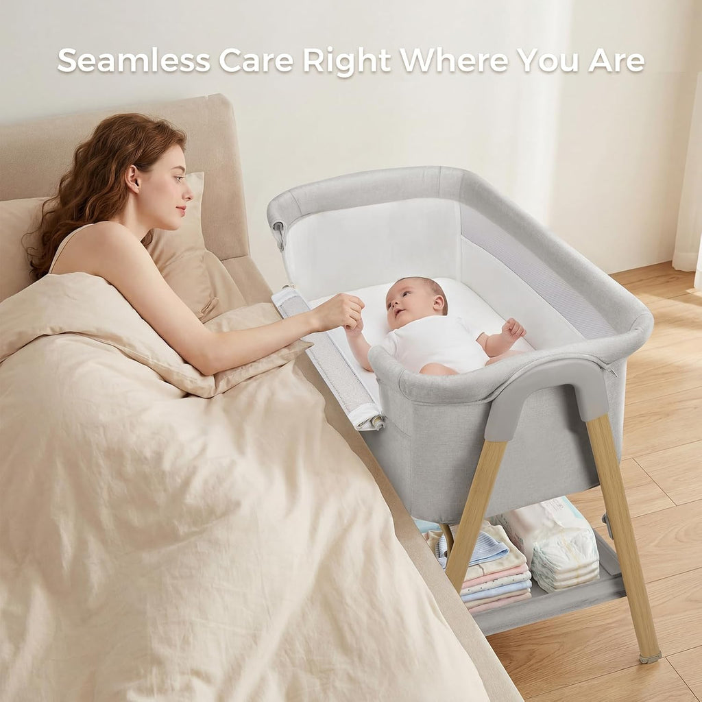 Baby Bassinet, Bedside Bassinet for Baby, 2-in-1 Bedside Sleeper with Mattress, Half-Mesh Breathable Design, 4