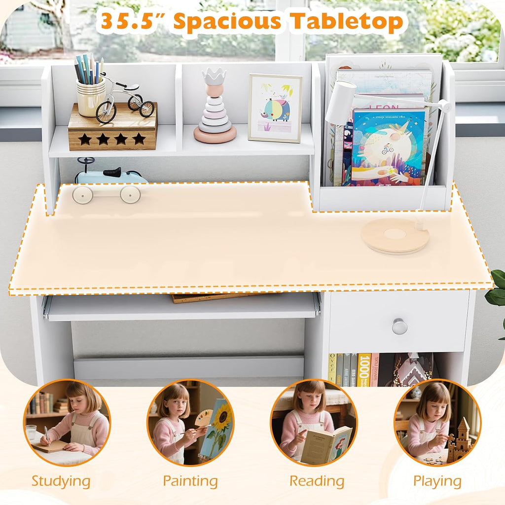 Kids Desk, Wooden Children Study Table with Hutch, Drawer, Storage Shelves & Keyboard Tray School Writing, Drawing or
