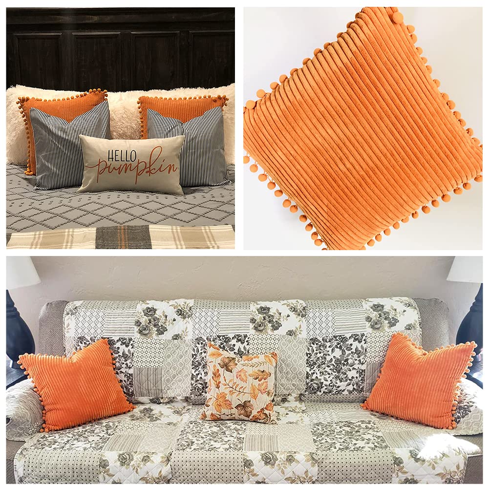 Pack of 2 Corduroy Fall Decorative Throw Pillow Covers with Pom-poms, Solid Square Cushion Case Pillow Cases Set for
