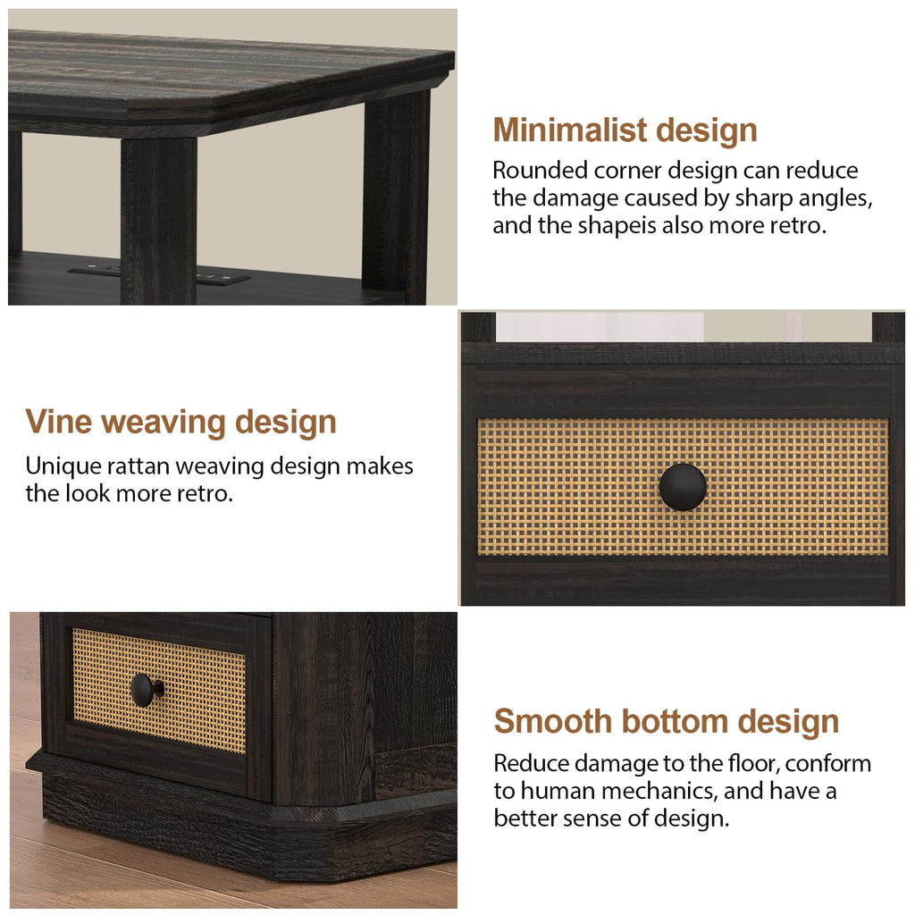 Set of 2 with Charging Station, 24" Tall Sofa Side Table with Rattan Drawer, Anti-Collision Angle Wooden Night Stand .