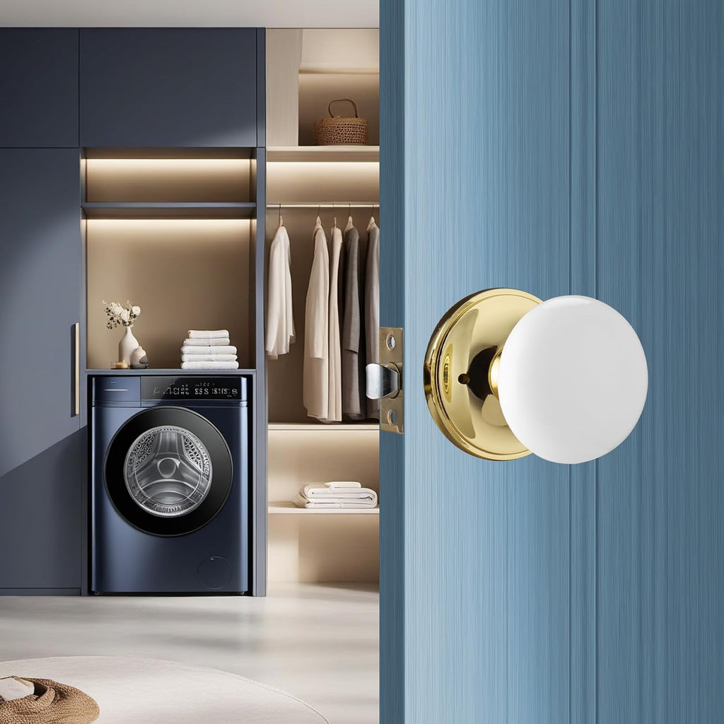 White Door Knobs, Porcelain Round Door Handle with Polished Brass Plate