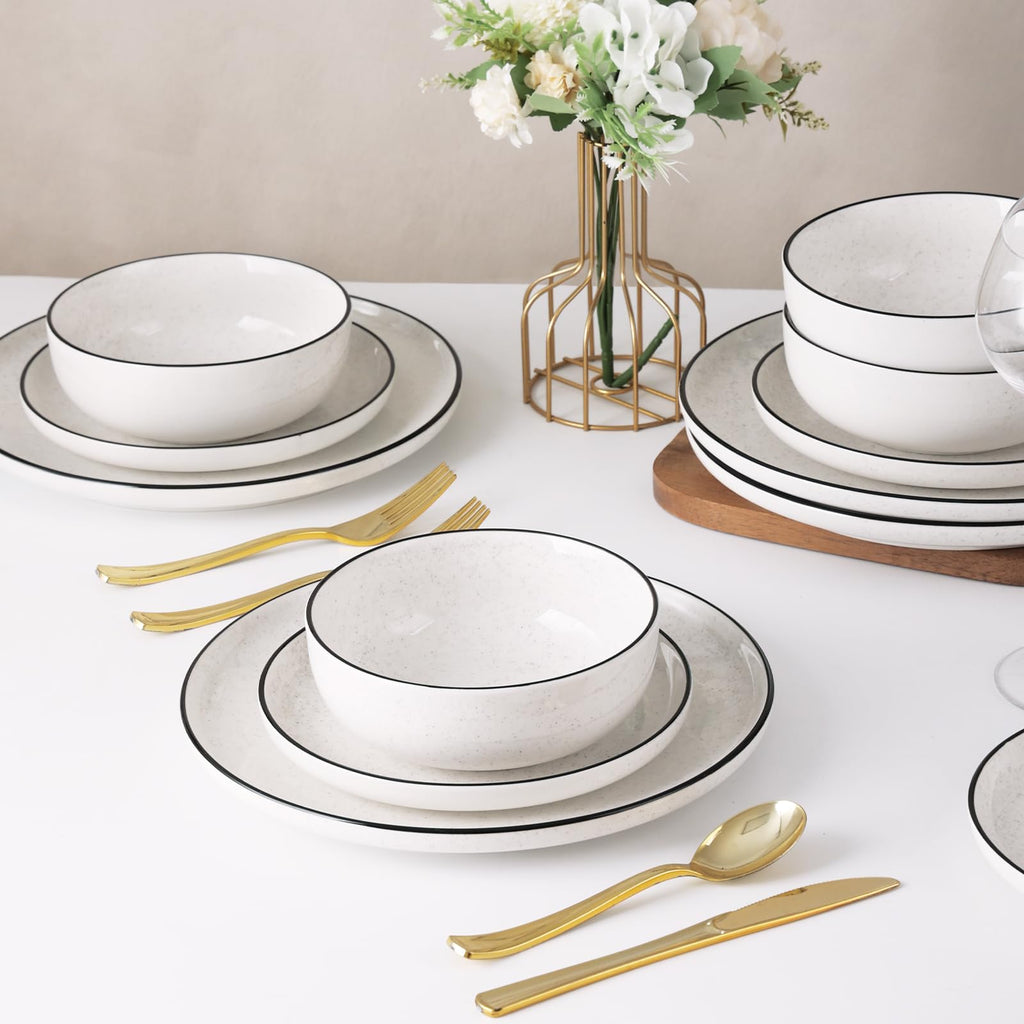 Plates and Bowls Sets for 4,12 Pieces Ceramic Dish set, White Dinnerware Set , Modern Design Plate Sets with Black