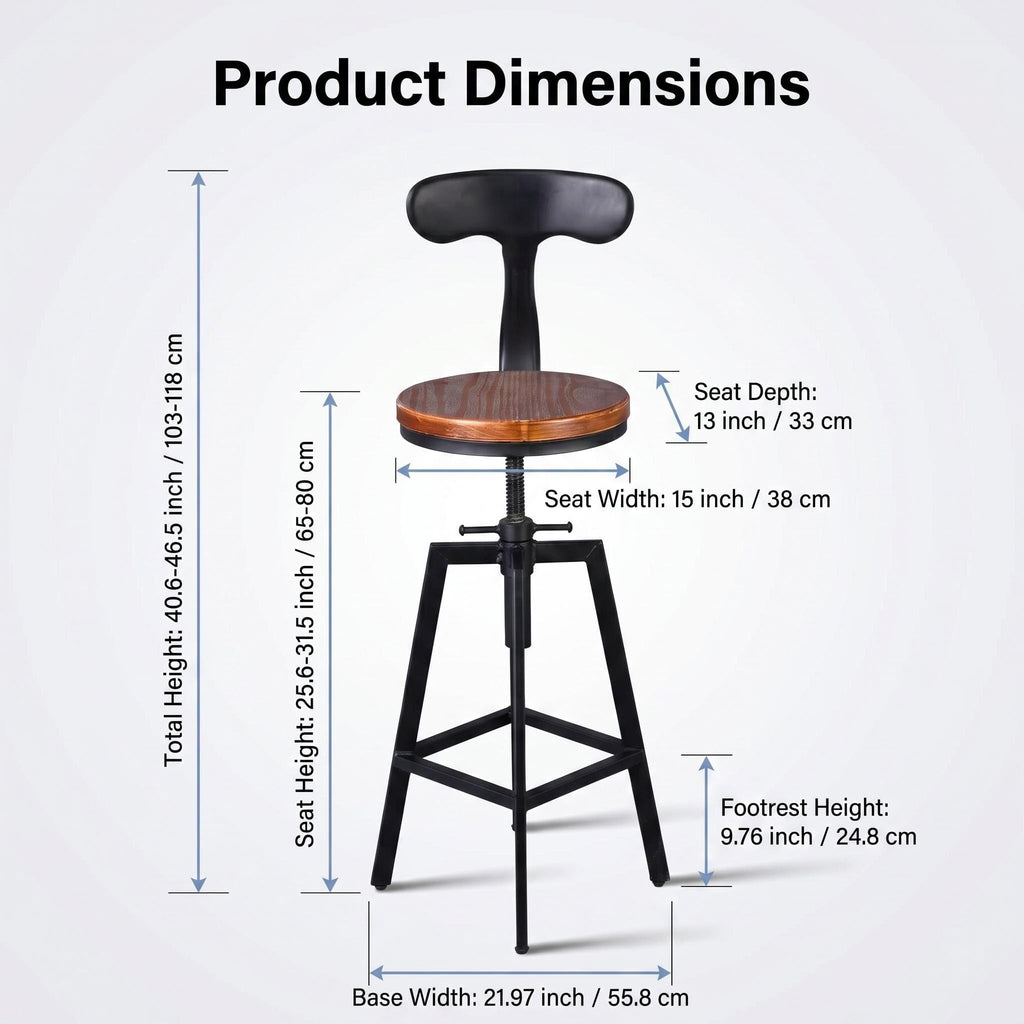 Industrial Bar Stools, Kitchen Dining Chair, Wood Top Stool, Adjustable Height Swivel Counter Height Bar Chair with