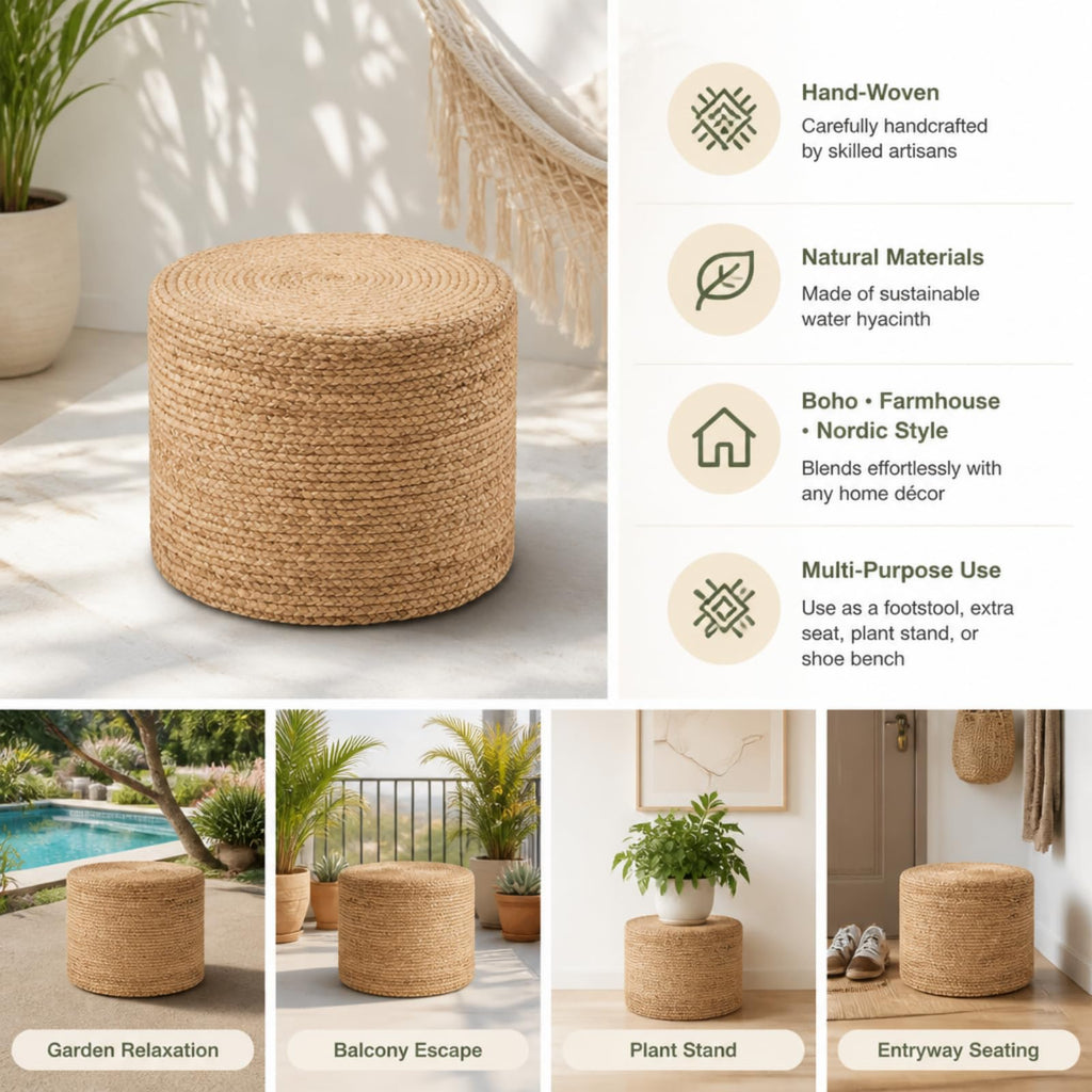 18'' Boho Ottoman Pouf Natural Water Hyacinth Rustic Handmade Lounge Pouffe