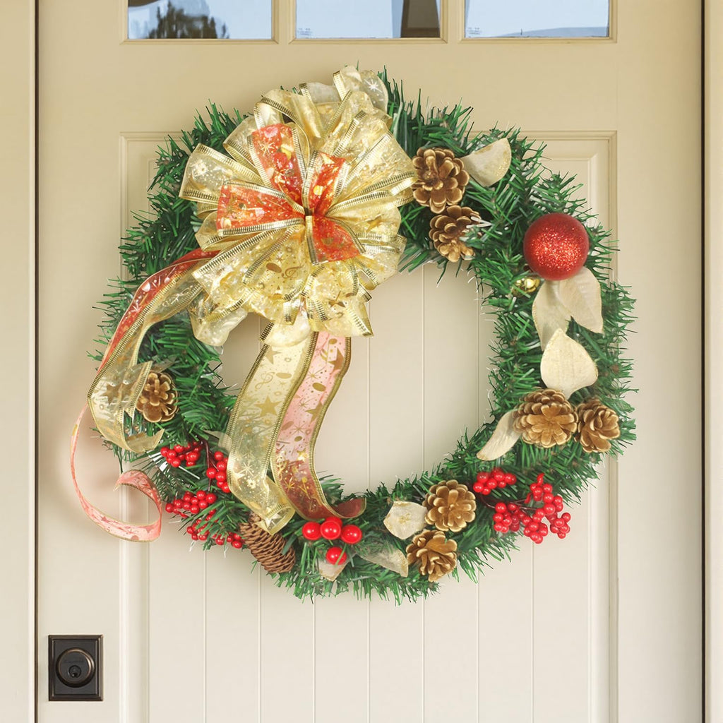 16 Inch Christmas Wreath with Lights,Large Red Bow and Colored Ballswith Battery Box,Warm White 30 LEDs Lights, Front