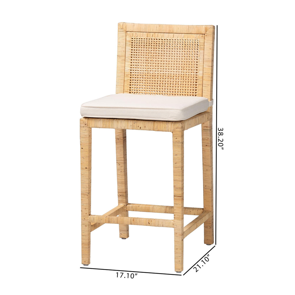 Sofia Rattan Counter Stool with Mahogany Wood Frame - Handwoven Wicker Counter Chair with Removable Cushion, Light