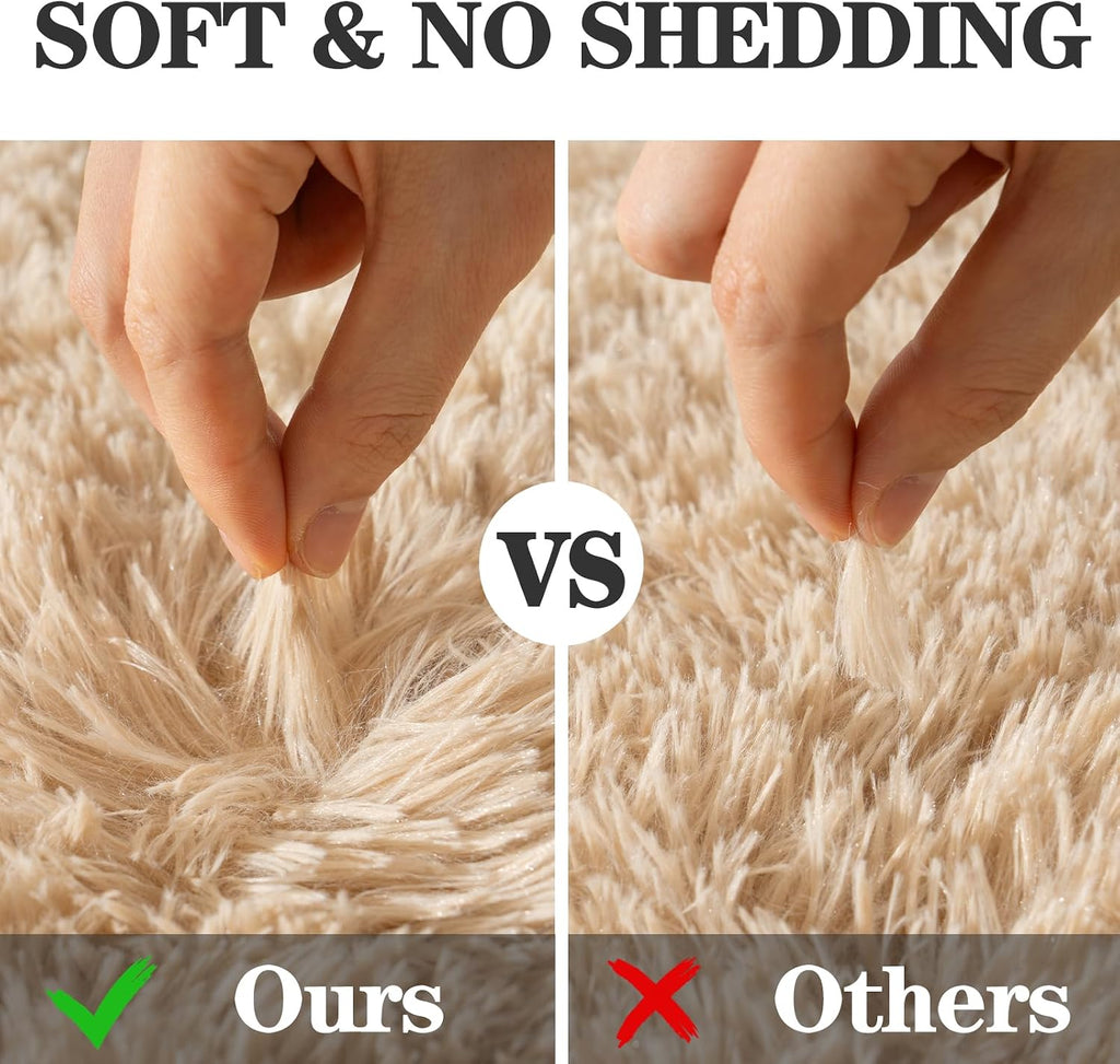 Soft Oval Beige Fluffy Rugs Washable Non-Slip, Set of 2