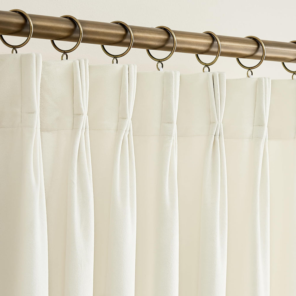 Beige White Luxury Velvet Curtains Extra Wide Thermal Insulated Blackout Pinch Pleat Curtains 84 Inches Long Room