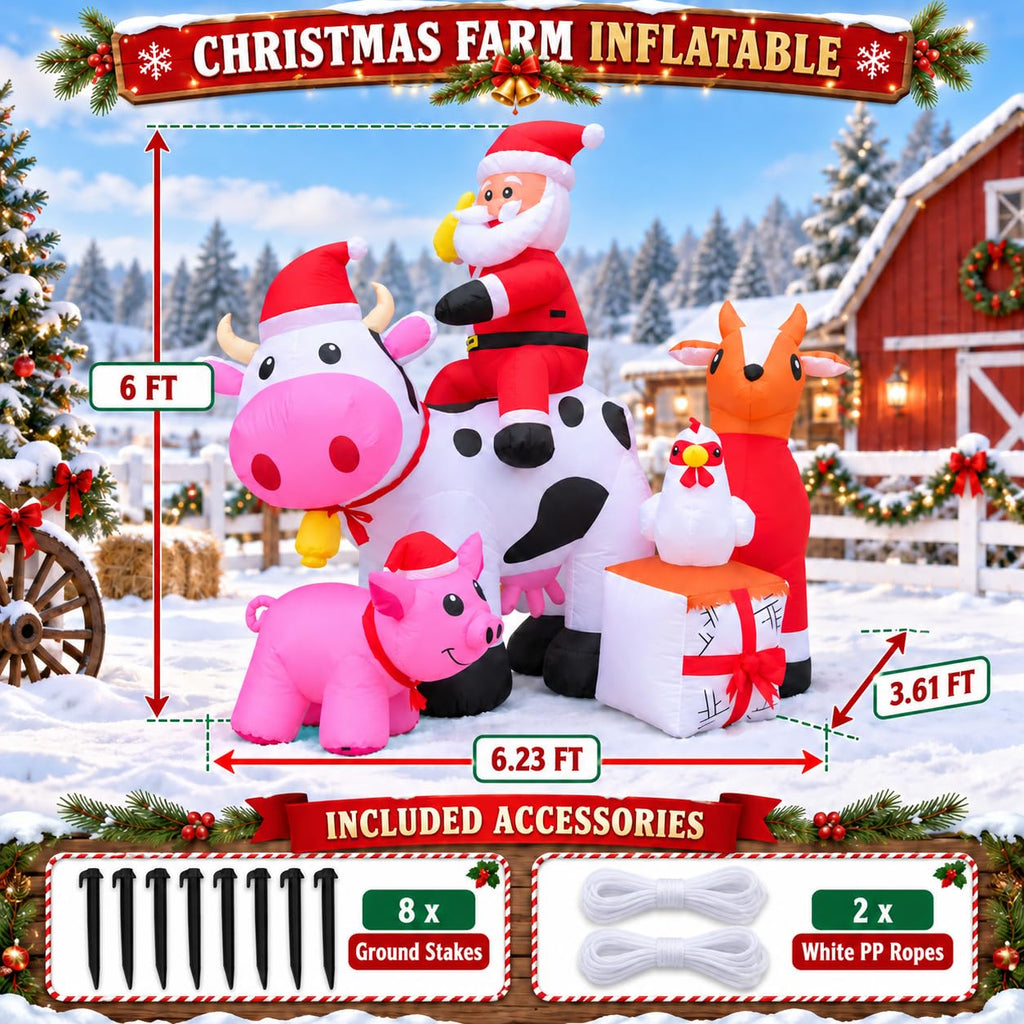 6FT Christmas Inflatables Santa Farm Scene with Blow Up Cow, Pig, Chicken & Gifts, LED Lighted Christmas Decorations