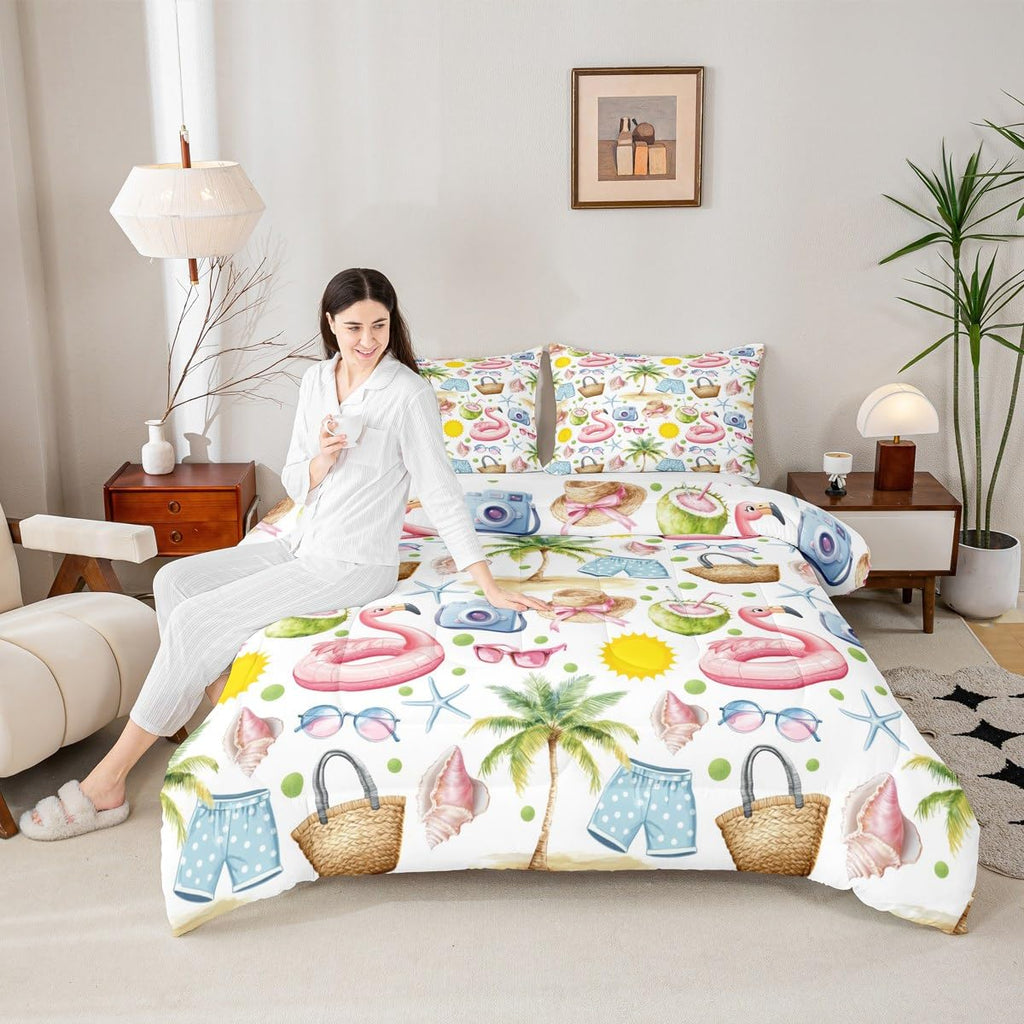 Hawaii Tropical Comforter Set, Summer Beach Palm Tree Coconut Starfish Coastal Bedding Set 3 Pcs for