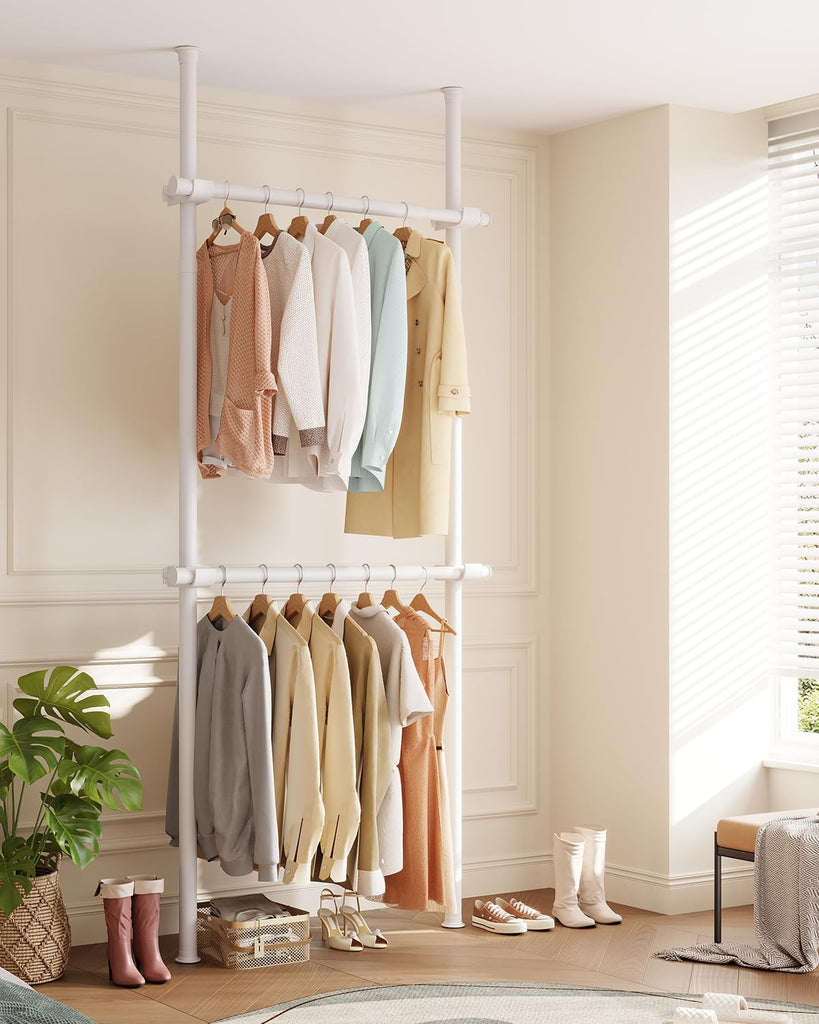 Floor-to-Ceiling Clothing Rack with Wire Storage Basket, Double Hanging Rods, Adjustable Tension Closet Organizer