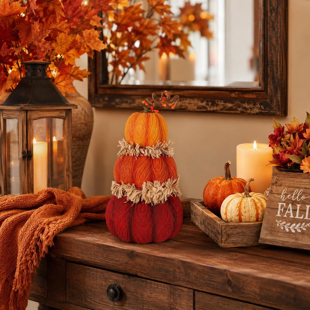 Fall Pumpkin Decor, 7.5in Resin Pumpkins Figurine for Fall Decor, Stacked Knit Textured Pumpkin Fall Decorations