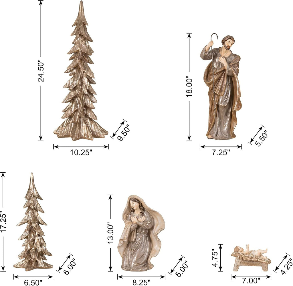 5-Piece Resin Nativity Set, Brown Resin Holy Family with Christmas Trees, Nativity Figurines Sets for Christmas