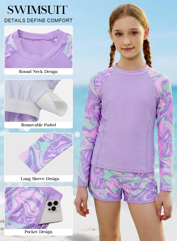 Girls Rash Guard Swimsuit Two Piece Bathing Suit UPF 50+ Sun Protection Long Sleeve Swimwear
