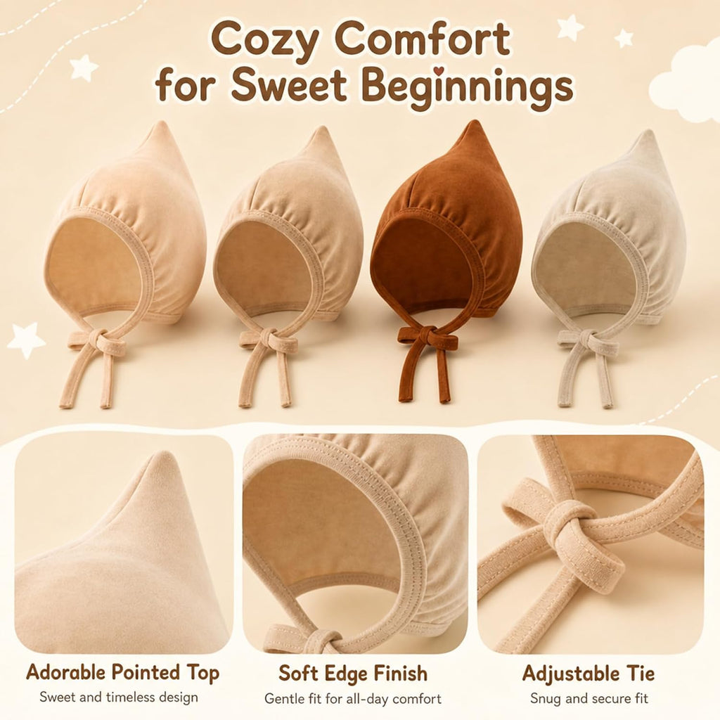 Newborn Baby Bonnet Set, Cotton Infant Hats 0-6 Months, Pack Brown