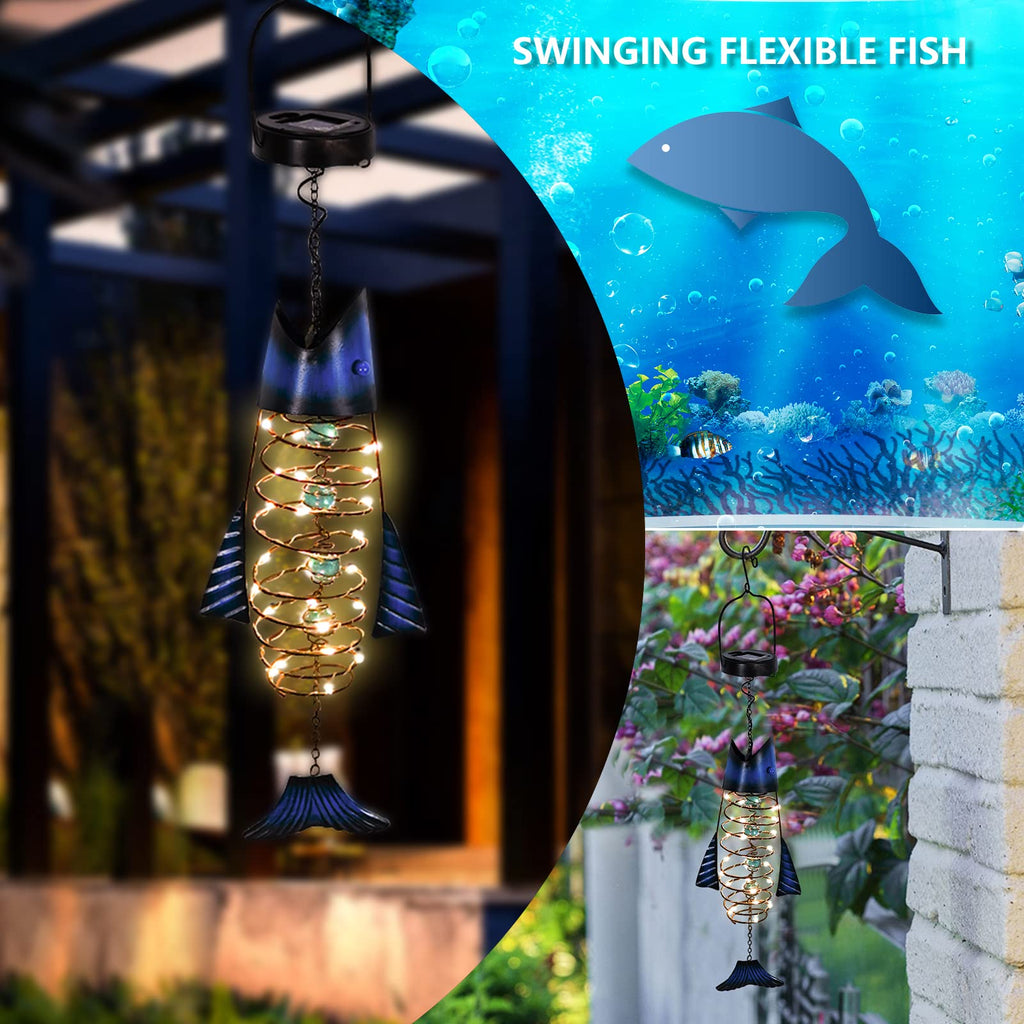 Patio Deals Solar Lanterns Outdoor Waterproof, Fish Lantern Lights, Metal Hanging Garden Decor & Yard, Gifts for