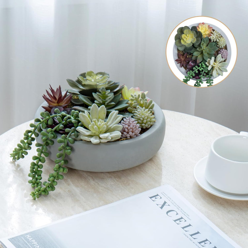 8 Inch Round Artificial Succulent Plants in Gray Concrete Plant Bowl | Indoor Decorative Greenery, Assorted Faux Mini