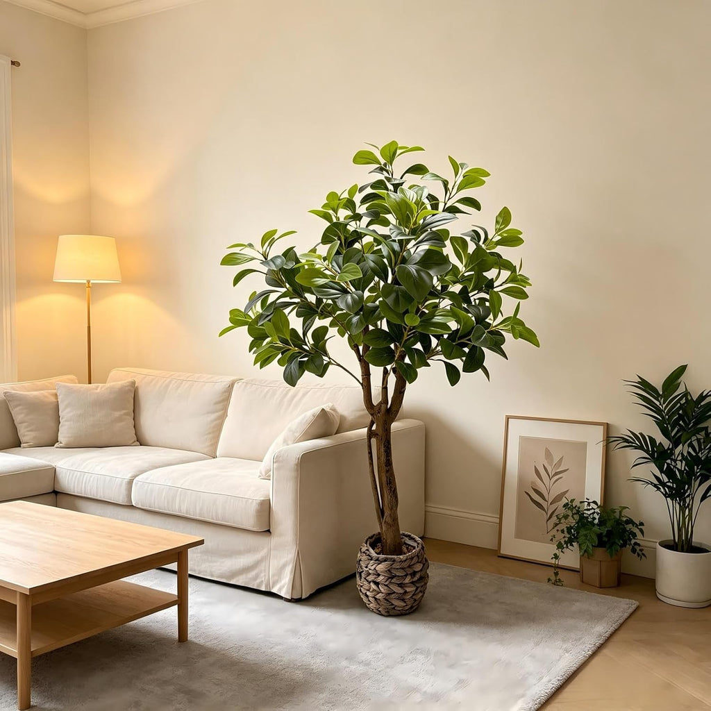 Artificial Ficus Tree, Floor Plant in Woven Basket Indoor Decor