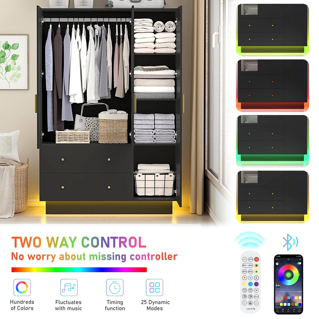 3 Door Wardrobe Closet with Mirror and LED Lights, Bedroom Armoire with Drawers Shelves, Modern Wooden Armoire