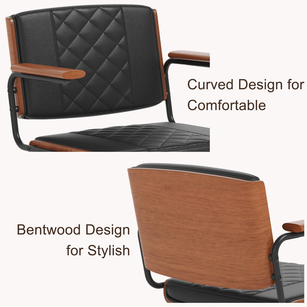 Mid-Century Modern Office Chair with Rubber Wheels & Walnut Arms - PU Leather Mid-Back Desk Chair, Bentwood Backrest