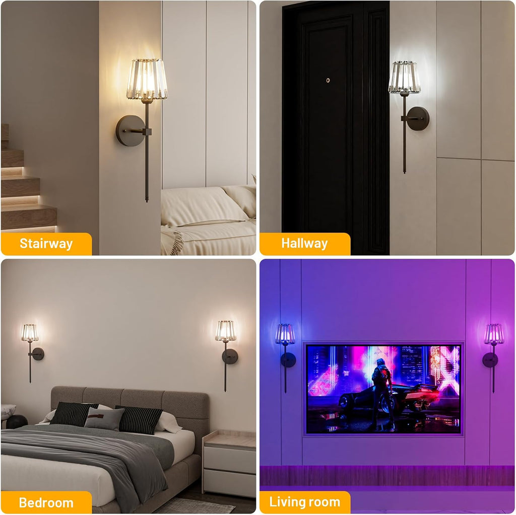 Crystal Battery Operated Wall Sconces Set of 2, Black Rechargeable Wireless Wall Sconce Lights with Crystal
