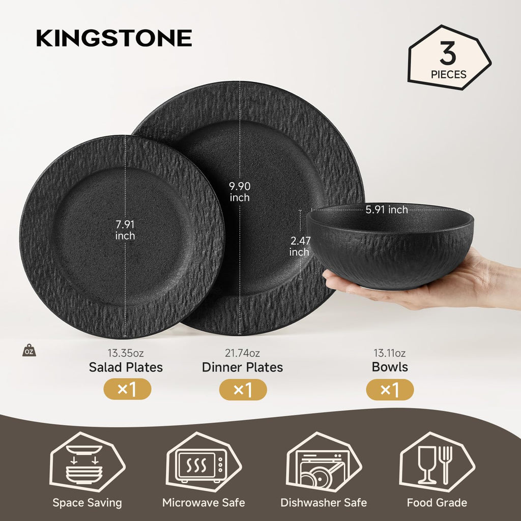 Black Dinnerware Sets, 3-Piece plates and bowls sets, Matte Marble
