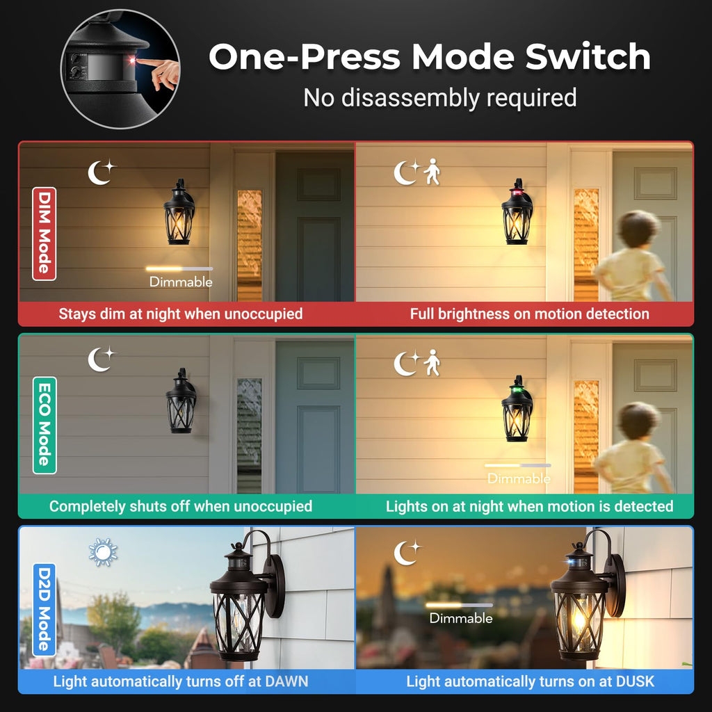 Porch Lights Outdoor Motion Sensor, 2-Pack Black Outdoor Wall Lights