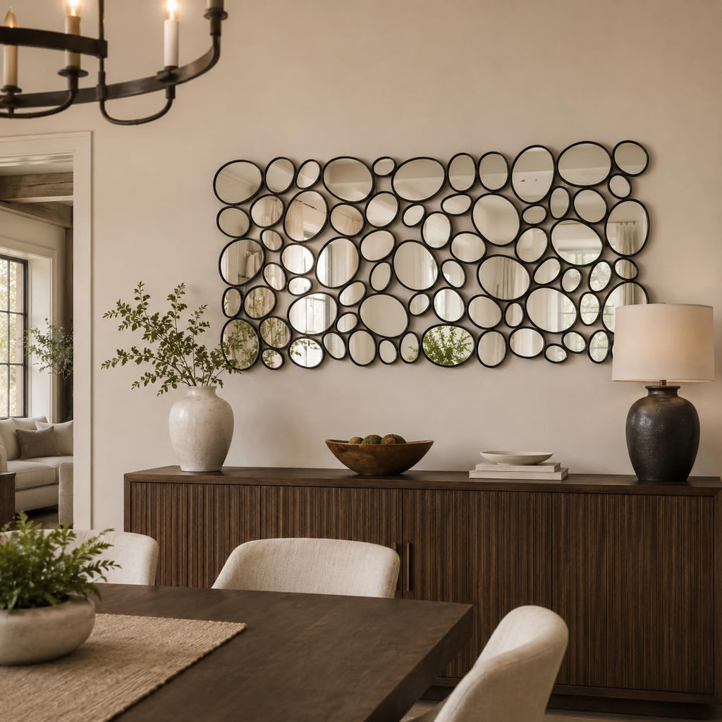 Black Mosaic Wall Mirror, 27.55" x 55" Large Pebble Geometric Decorative Mirror with 71 Irregular Mirror Pieces