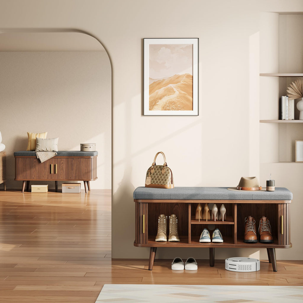 Shoe Storage Bench with Cushion and Sliding Doors, 39 Inch Shoe Bench with Storage, Freestanding Entryway Bench with