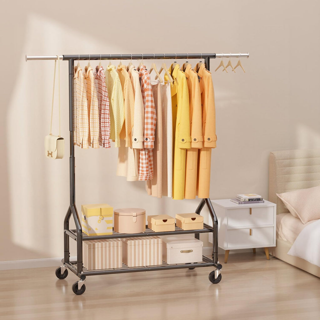 Heavy Duty Clothes Rack Load 556 LBS, Rolling Clothing Rack With Shelves, Height Adjustable Clothes Hanger with