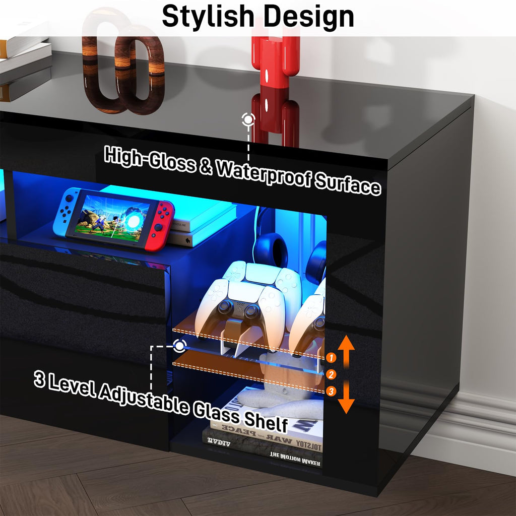 63" Floating High Gloss LED for 75" TVs, Wall-Mounted Entertainment Center, Modern Media Console with Open Adjustable
