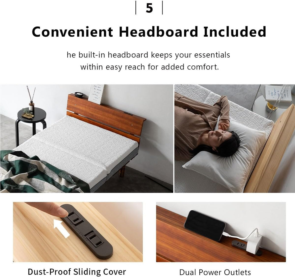 Wood Slatted Floor Bed Frame for Japanese Futon Mattress (Retro-Brown), Head Board Height Adjustable