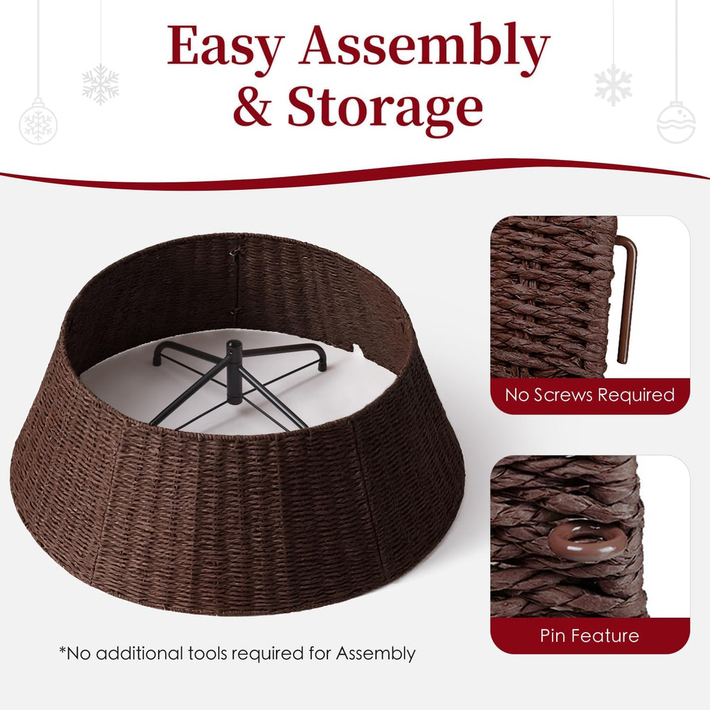 Rustic Farmhouse Christmas Tree Collar - 28Inch Woven Wicker Tree Base Stand Cover for Artificial Trees - Holiday