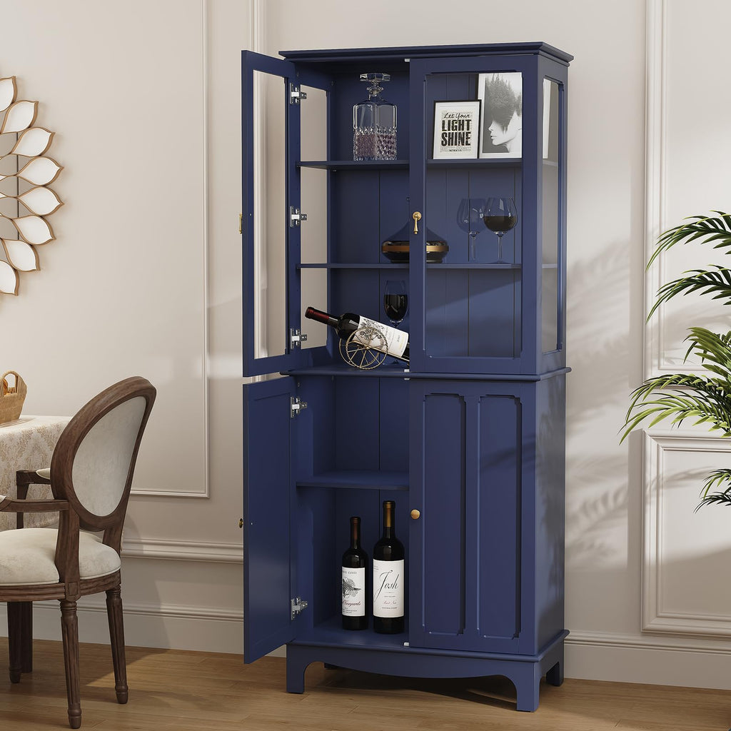 72" China Cabinet, Freestanding Kitchen Pantry with Tempered Glass Doors, Tall Sideboard Buffet Hutch with Adjustable