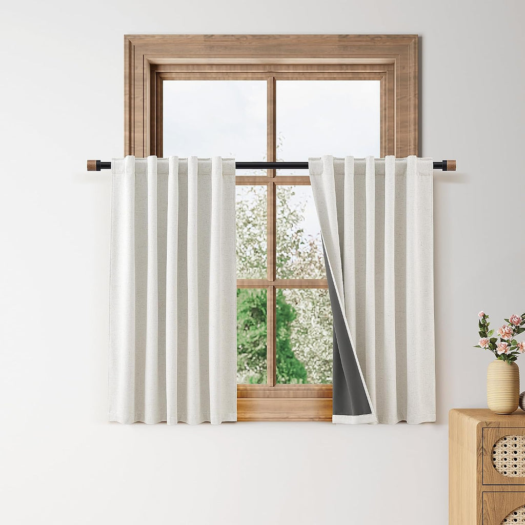 100% Blackout Kitchen Linen Curtains Back Tab Small Drape 36 Inch Length Privacy Natural Elegant Short Black Out Cafe