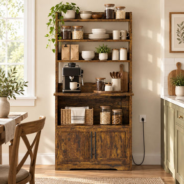 Bakers Rack With Storage Cabinet, Microwave Stand With Power Outlets, Farmhouse Bakers Rack With Thick Table Top