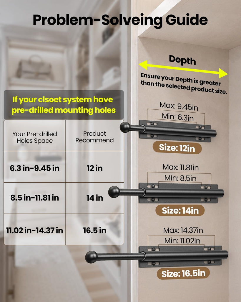12" Valet Rod for Closet Pull Out, 2-Pack, Matte Black