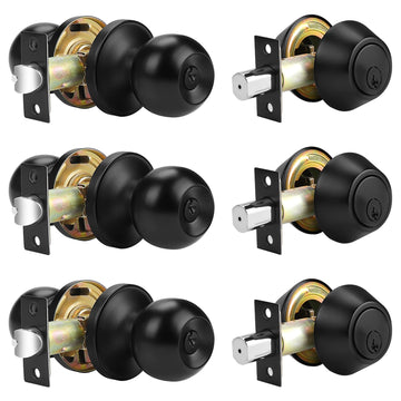 3 Pack Door Knob with Double Cylinder Lock, Black Front Door Knob and Deadbolt Combo Exterior Door Lock with Keyed