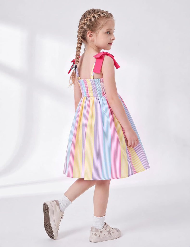 Beach Dress Summer Outfit Boho Straps Smocked Cami Bow Princess Casual Birthday Party Clothes