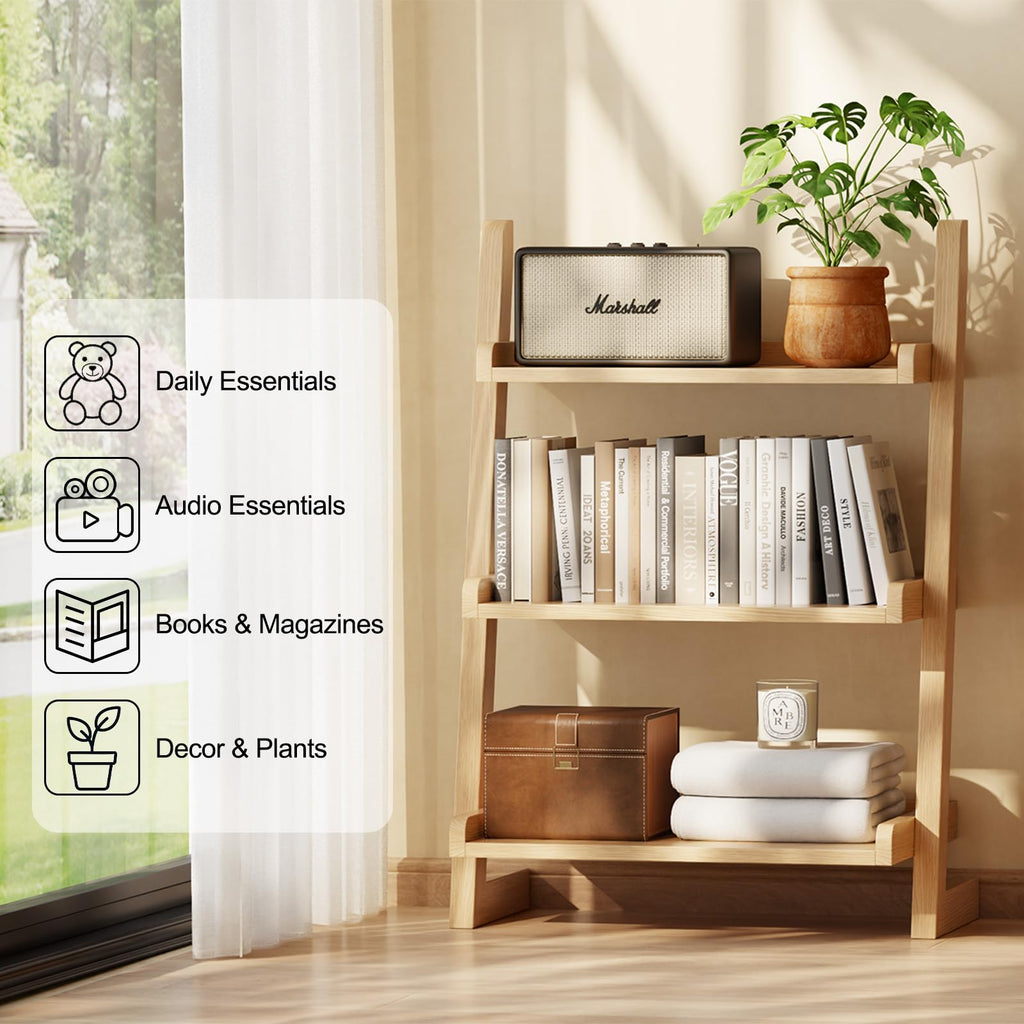 Solid Wood Ladder Shelf, Leaning Bookshelf, Natural, 3-Tier